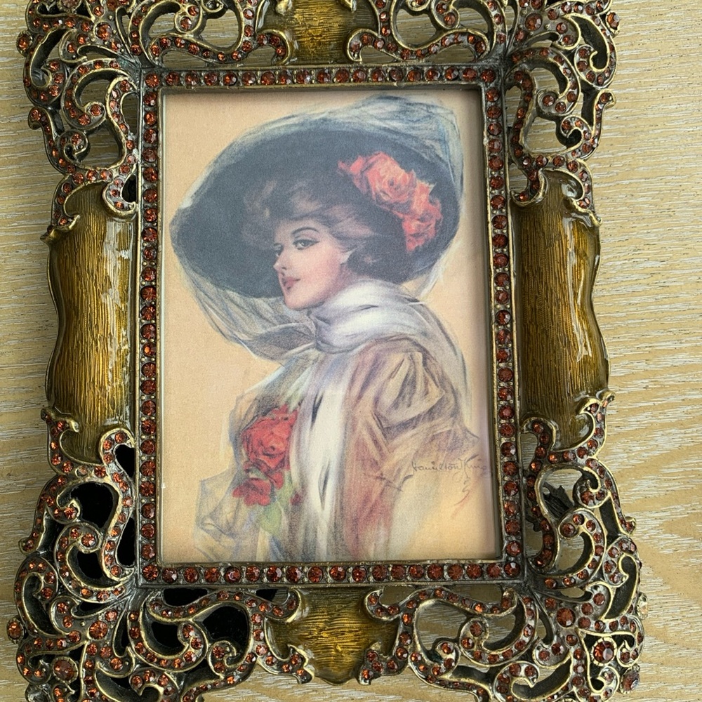 Jay Strongwater Style Bronze Enamel Jeweled Art Nouveau Free Standing Frame